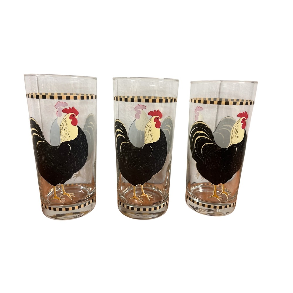 Warren Kimble Rooster Drinking Glasses 3 Farmhouse Folk Art Country Americana